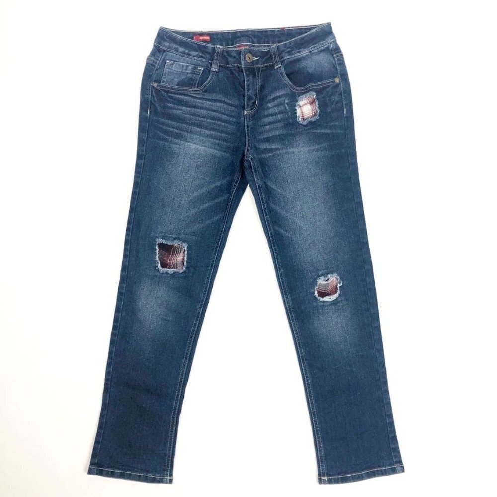 Arizona Jean Co Jeans Kids 14 Blue Adjustable Waist Stretch Skinny Plaid Patches